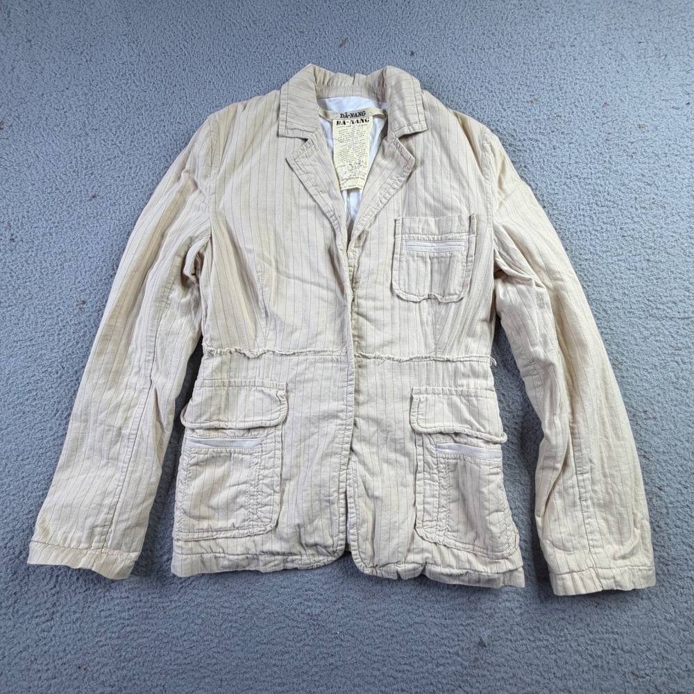 Da-Nang Surplus Indo-Chine Cream Pinstripe Utility Blazer Cotton Jacket Mens S